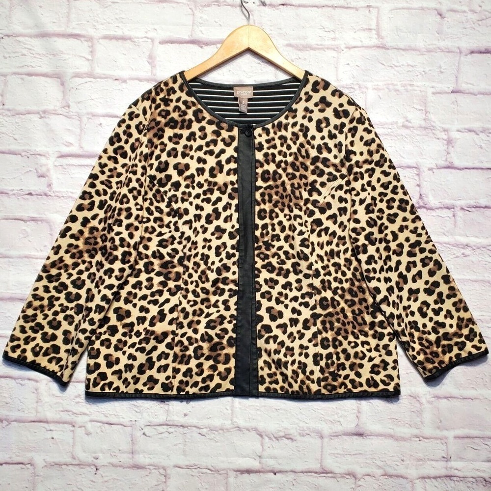 Chicos Leopard Print Jacket Womens 3 (XL) Brown Animal Faux Leather Trim Open